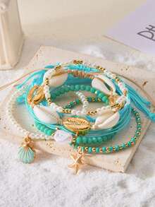 Set de 7 piezas de pulseras hechas a mano con estilo de vacaciones bohemias del océano, con perlas falsas, estrella de mar y cuentas azules - Multicolor - Ver 4