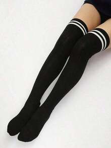 1 Pair Solid Color Thigh High Socks For Women, Simple Yet Versatile And Comfortable, Suitable For All Seasons, Y2k - Black - View 2