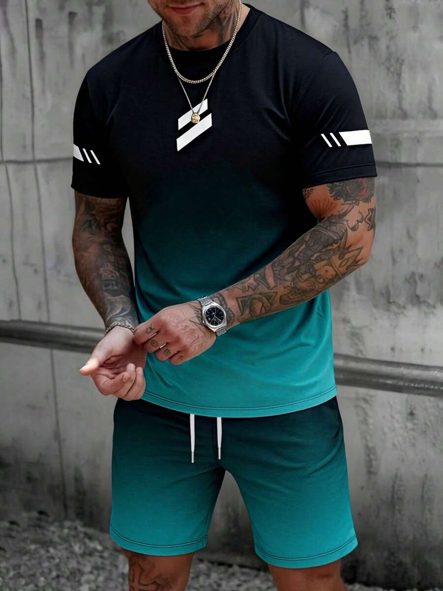 2pcs Men's Casual Sports Set, Black & Green Ombre Short Sleeve Top And Shorts - Multicolor - View 1