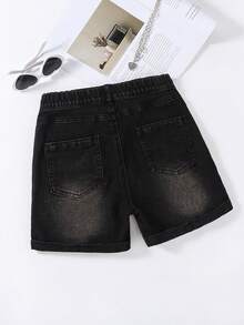 Shorts vaqueros de estilo casual retro y de calle para niñas, para el verano - Negro - Ver 3