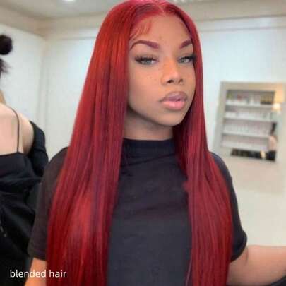 180% Density Real Human Blended Hair Wig 13x4 Lace Front Wigs Human Blended Hair Straight Human Blended Hair Wig With Baby Hair HD Transparent Lace Front Wigs Human Blended Hair Pre Plucked Frontal Wigs Human Blended Hair 8-36Inch 99J Burgundy