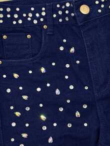 pthirillo Women's Dark Blue Flare Jeans With Butt-Lifting, High Waist, And Rhinestone Detail - Premium Rhinestone Jeans - 水鑽和串珠混合腰帶 - 查看 3