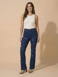 pthirillo Women's Dark Blue Flare Jeans With Butt-Lifting, High Waist, And Rhinestone Detail - Premium Rhinestone Jeans - 彩色水鑽 - 查看 2