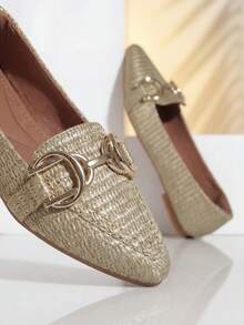 Women's Pointed Toe Gold Raffia Flats With Gold Embellishment | Sophia – Shiny, Light, Charming - Vàng - Xem 1