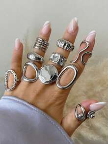 17/10pcs Vintage Elegant Chunky Asymmetrical Floral Geometric Rings Set, Suitable For Daily Wear, Dates, Parties, Gifts For Women - Silver 2 - View 13