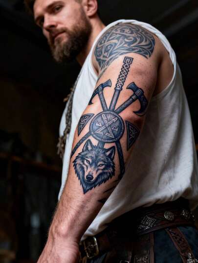 Herbal Juice Semi-Permanent Magic Tattoo, Cool And Flashy Temporary Tattoos, Viking Totem Pattern, 7-14 Days Waterproof Non-Reflective Festival Tattoos For Wrist, Arm, Shoulder, Neck, Collarbone, 1 Sheet