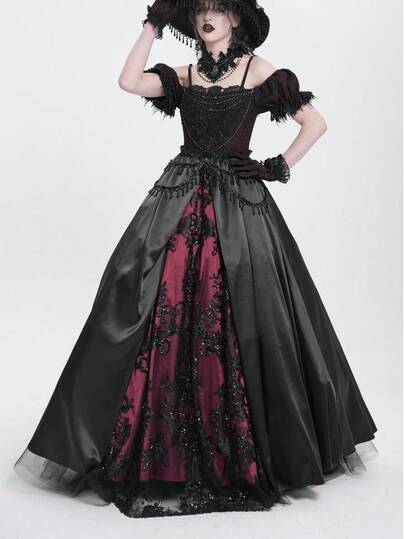 EVA LADY Vestido largo de terciopelo con hombros descubiertos estilo retro palaciego, vestido de gala formal con abertura y encaje con cuentas estilo gótico