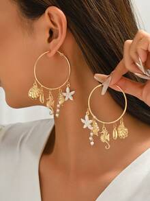 一对时尚多吊坠耳环，百搭海洋生物主题垂坠耳环，适合日常佩戴、海滩度假、派对和约会。 - 彩色 - 查看 1