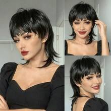 Short Straight Mullet Wig Layered Straight Wigs With Bangs 180% Density Human Hair (Rose Net) Instant Volume & Fullness For Daily Wear, Wolf Haircut Long Cut Hairstyle Suitable For Everyday Wear And Parties & Holiday & Cosplay & Music Festival - Natural Black - View 7