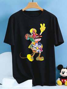 Disney Creative Art Patchwork Mickey Mouse Pattern Short-Sleeved T-Shirt For Men, Round Neck, Loose Fit, Unisex, 100% Pure Cotton, Breathable, Unisex, All-Season Style, Suitable For Everyday Wear, Outings, Parties, Work, And Commuting. - màu đen - Xem 4