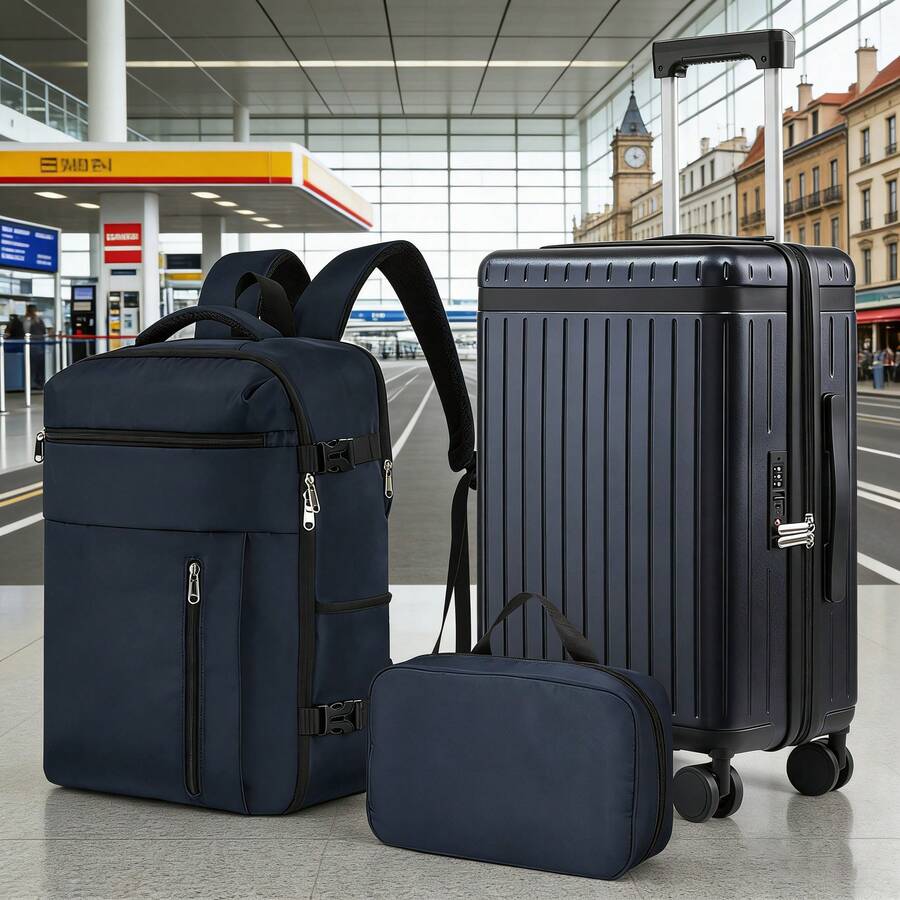 Tidal flash 20 Inch Carry On Luggage 3 Piece Set, Hard Shell Suitcase Aviation Certification With Travel Backpack & Toiletry Bag, TSA Lock ,360° Spinner Wheels For Women And Man Spring Travel,Vacation,Business Trip,Graduation Trip, Mother's Day Gift - Màu xanh lam - Xem 1