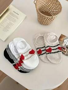 4 Pairs Women's Heart Socks, Women's Thin Summer New Heart Boat Socks, Korean Graffiti Stripe Non-Slip Invisible Socks, Versatile Casual Socks - Multicolor - View 5