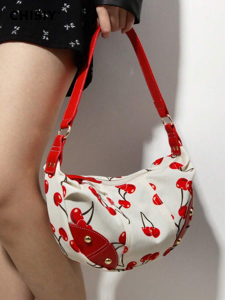 Handmade Catanzaro Camouflage Cherry Pink Fabric Crescent Tote Bag, Minimalist Large Capacity Women's Commuter Bag, Suitable For Work, University, Sports, Shopping, Travel, All Seasons, Valentine's Day Gift - Red and White - View 1