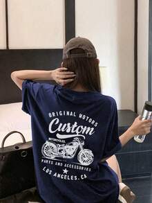 Women's Casual Loose Fit Round Neck Letter & Motorcycle Graphic Print Short Sleeve T-Shirt, Versatile For Spring/Summer - Dark Blue - View 1
