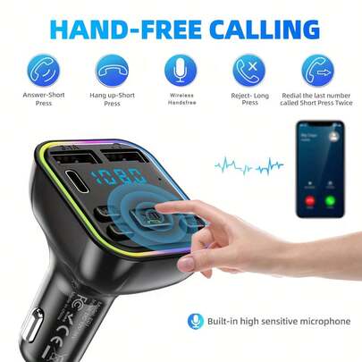 Car Bluetooth FM Transmitter, Wireless Radio Adapter With Dual USB + Type-C Fast Charger, Hands-Free Call MP3 Player TF Card Slot, Colorful Ambient Light, 12-24V Compatible For All Cars