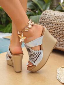 1 Pair Girl's Comfortable Fashion Wedge Slip-On Sandals, Suitable For Outdoor Leisure In Summer - Silver - View 6
