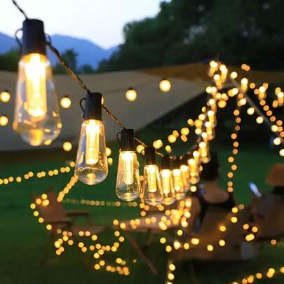 1pc 20LED Solar Outdoor String Lights, Oval Bulb Lights, Solar Outdoor Camping Tent Lights, 5m/16.4FT Length, Suitable For Valentine's Day, Patio, Porch, Garden, Restaurant, Camping Canopy, Wedding, Party, Holiday | Multifunctional Hanging Lamp