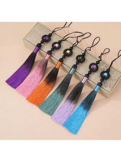 5pcs 13cm Ombre Tassel Round Rings, Dual-Color Chinese Style Flute Pendant Charms, Hanfu Accessories, Bookmarks, Tassels, Fans, Car Decor