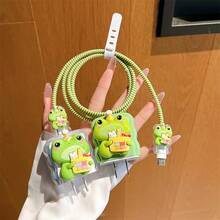 Juego de 5 piezas Funda protectora para cargador compatible con el cargador Apple estándar de EE. UU. de 20 W, enrollador de cable anti-doblado, protector de cable de datos Apple 15/16 para evitar roturas, nuevo diseño lindo de rana. - Multicolor - Ver 3