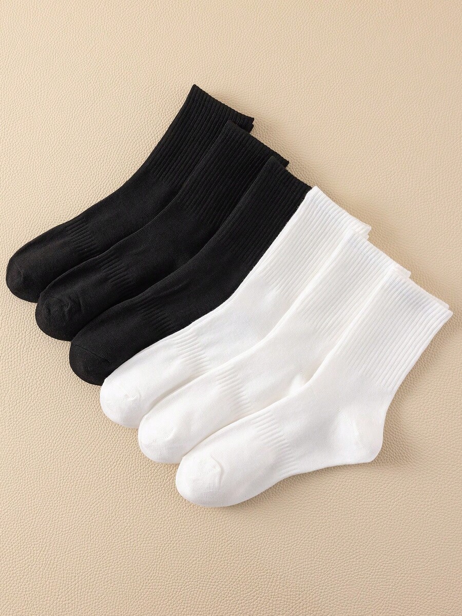 Conjunto de 6 pares de meias esportivas unissex confortáveis, ideais para esportes e treinos. Meias longas femininas, para uso casual e profissional. Antibacterianas, macias, nas cores preto e branco, resistentes a odores, absorventes de umidade, leves e respiráveis. Excelente respirabilidade. - Preto e Branco - Ver 1
