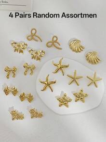 4 Pairs Assorted Stainless Steel Vintage Oversized Earring Set, Including Star, Shell, And Bow Designs, Elegant Gold-Tone Earrings Suitable For Weddings And Other Important Occasions - Multicolor - View 11