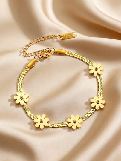 1pc Stainless Steel Bracelet, Versatile Floral & Snake Bone Design, Minimalist Elegant High-Quality Casual Gift For Women, Suitable For Daily Wear, Gatherings, Parties