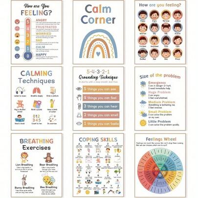 9pcs Frameless Calming Corner Posters Classroom Calm Down Corner Feelings Chart For Mental Health Posters Classroom Educational Poster Emotions Chart Coping Skills Classroom Decorations 8*10inches