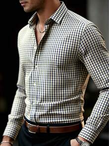 男士休闲棕色格子长袖衬衫 - 深色水洗藍 - 查看 2