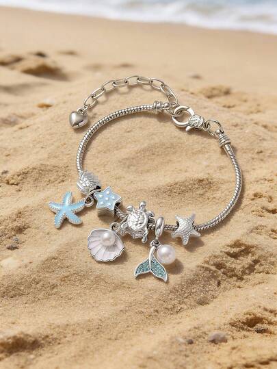 1pc Elegant & Cute Ocean Style Seashell, Starfish, Fish Tail Beaded Bracelet, Suitable For Women's Daily, Casual, Party, Beach Wear