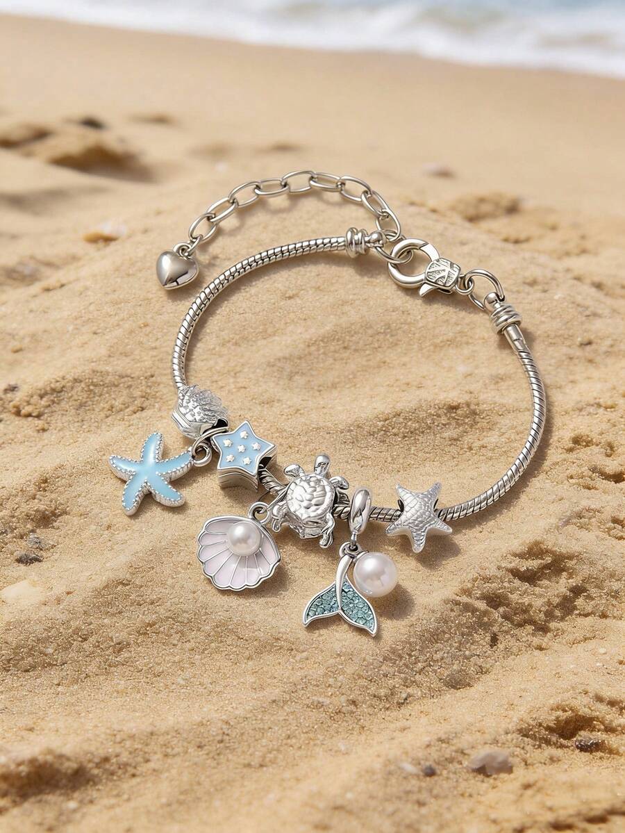1pc Elegant & Cute Ocean Style Seashell, Starfish, Fish Tail Beaded Bracelet, Suitable For Women's Daily, Casual, Party, Beach Wear - Multicolor - View 1