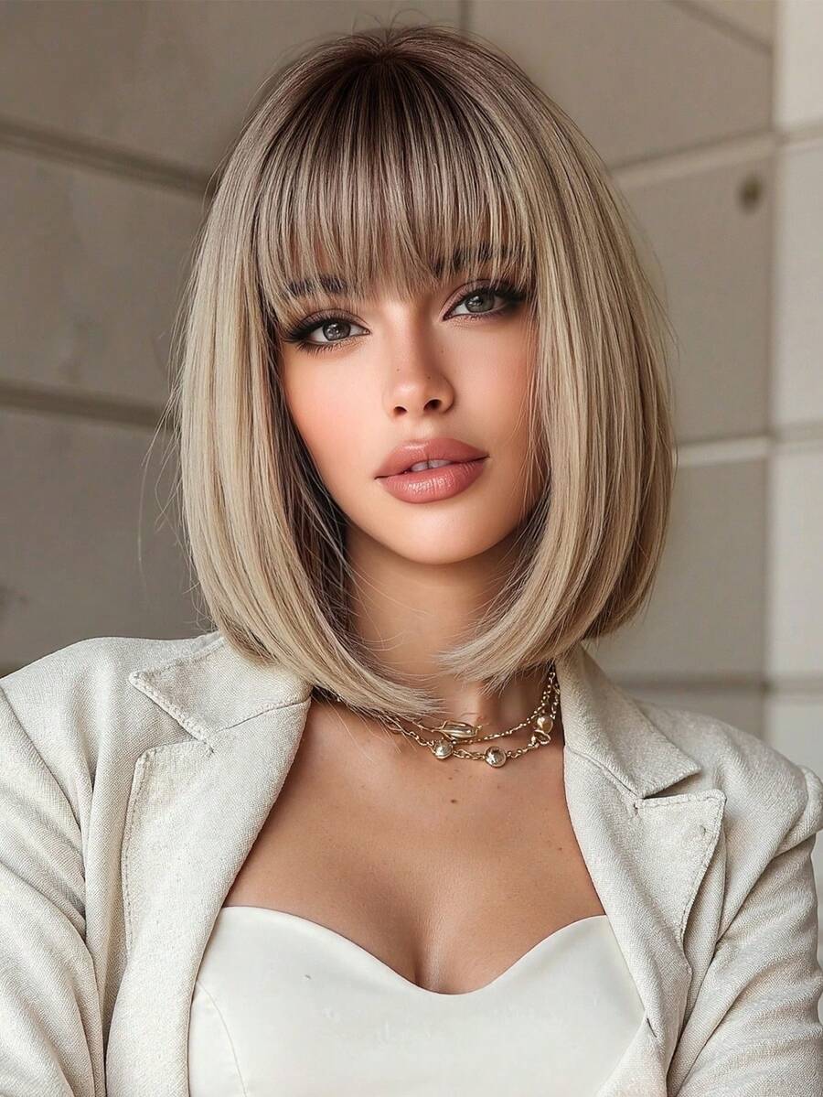 12 Inch Ombre Brown Black Gold Wig, Women's Short Straight Bob Hairstyle With Bangs, Heat Resistant Synthetic Fiber Wig, Fashionable And Versatile, Suitable For Women And Girls For Daily Wear, Parties, Cosplay, Photography And More - 漸變金色 - 查看 1