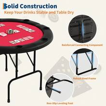Mesa plegable de póquer para 8 jugadores, mesa redonda de 48 pulgadas, con fieltro de calidad casino y portavasos, para Texas Holdem, noches de juegos en casa, sala de juegos - Borde negro + rojo - Ver 4