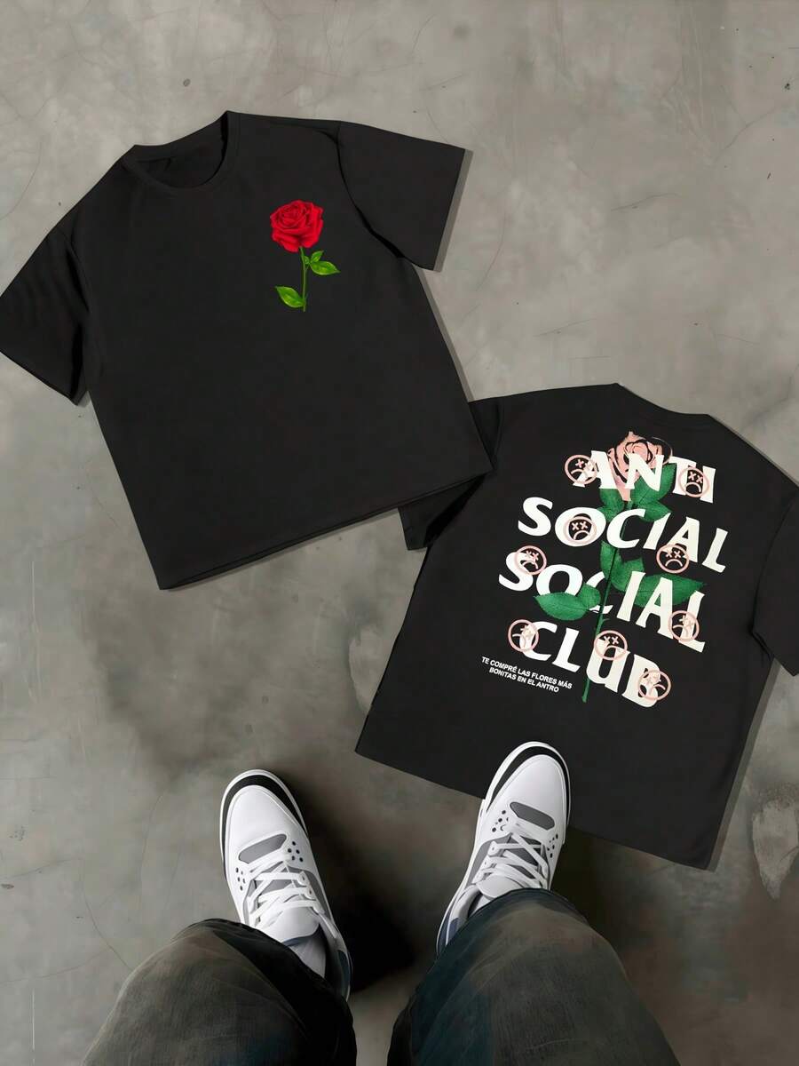Rose Anti Social Club Men's Vintage 220g T Shirt Casual Double Sided Graphic Men Clothes 1pcs Digital Printed T Shirt 100% Cotton Y2K Tee They Are Excellent Gifts For Friends And Family, Perfect For Everyday Wear - Black - View 1