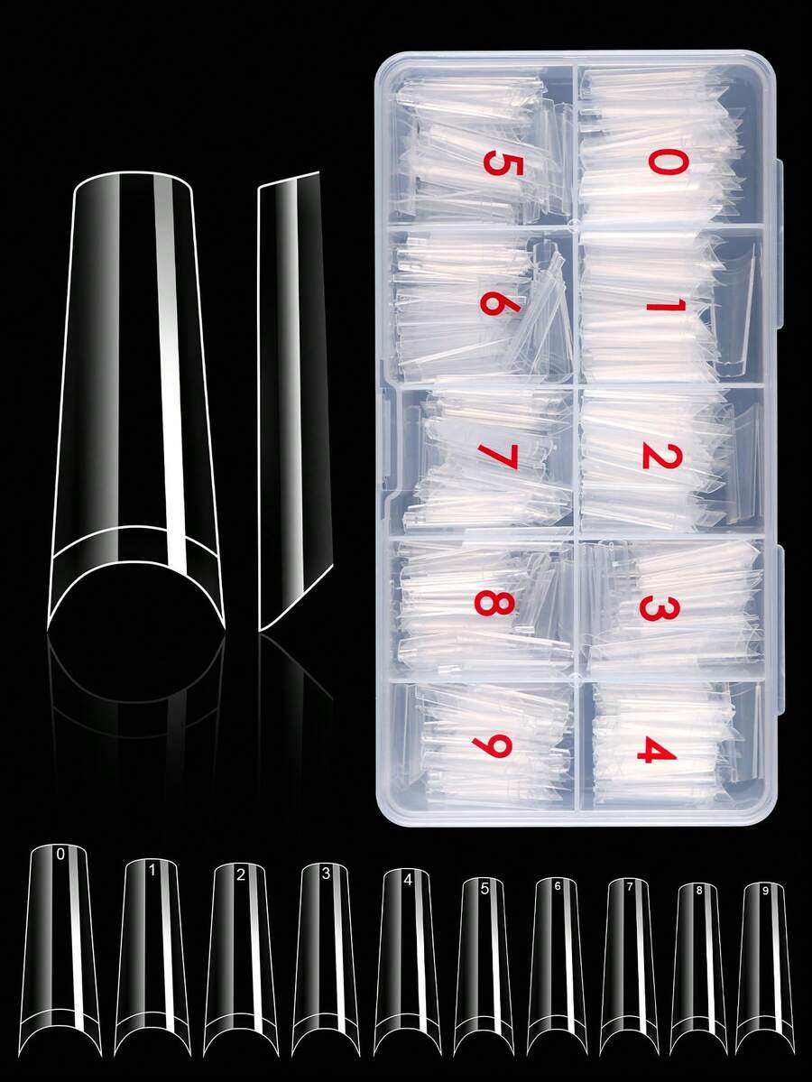 500pcs Transparent Half-Covered Coffin Shaped Fake Nails - 10 Sizes Transparent False Nails With Box, Suitable For Nail Salons And DIY Home Use - Clear - View 1