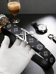 1条自动扣皮带，男士商务百搭合金字母星形休闲复古印花正装皮带，长度120厘米 - 黑色 - 查看 4