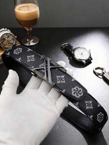 1条自动扣皮带，男士商务百搭合金字母星形休闲复古印花正装皮带，长度120厘米 - 黑色 - 查看 5