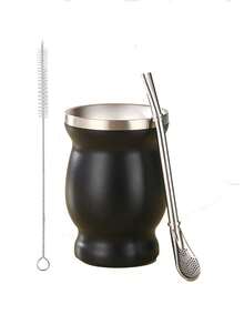 304不锈钢马黛茶杯，阿根廷葫芦形大肚真空保温杯，带刷子、吸管、勺子，三件套 - 卡其色 - 查看 1