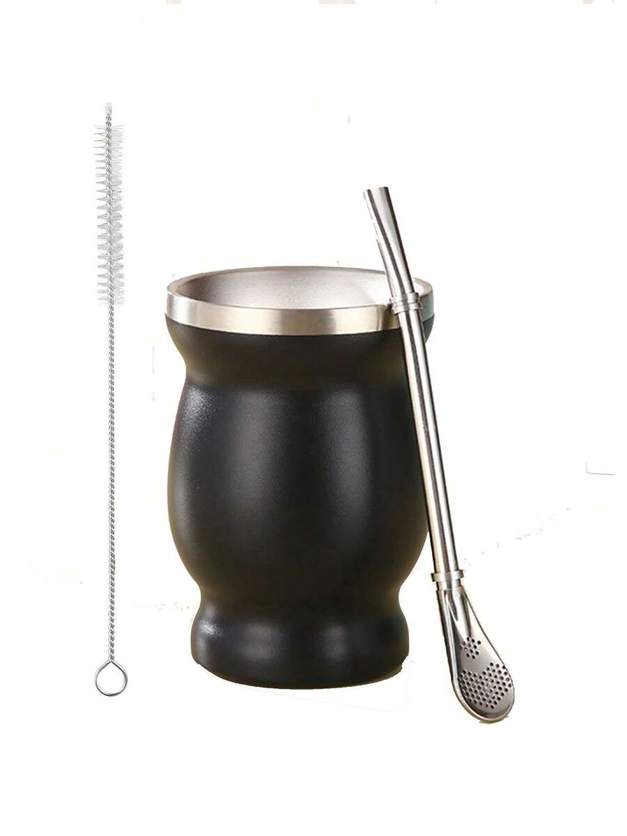 304不锈钢马黛茶杯，阿根廷葫芦形大肚真空保温杯，带刷子、吸管、勺子，三件套 - 卡其色 - 查看 1