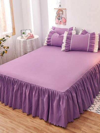 Juego de 3 piezas de falda de cama con volantes suaves y esponjosos en color púrpura (1 pieza de falda de cama + 2 piezas de fundas de almohada), tela de alta densidad cepillada, suave y amigable con la piel, lavable, dobladillo con volantes elegantes, diseño de banda elástica, adecuado para dormitorio, habitación de invitados, dormitorio, todas las estaciones