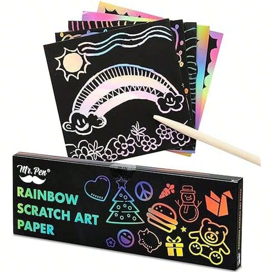 Mr. Pen- Scratch Art For Kids With Wooden Stylus, 125 Pcs, Rainbow Scratch Paper, Scratch Art Paper - Small - View 1