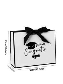 1pc Graduation-Themed Gift Bag, Congrats Lettered Handbag, Black And White Style Party Wrapping Paper Bag - A - View 7