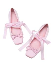 Women's Elegantes Pink Shoes Satin Square Toe Ballet Flats With Ankle Ribbon Tie Bow Detail Prom Flats Summer Shoes - 粉色 - 查看 6