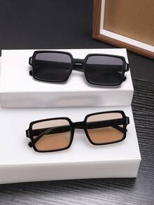 2 PCS Men's Classic Square Fashion Glasses Black Polycarbonate Frame Soft Tinted Lenses Suitable For Daily Commute With Glasses Box - Multicolor - View 7
