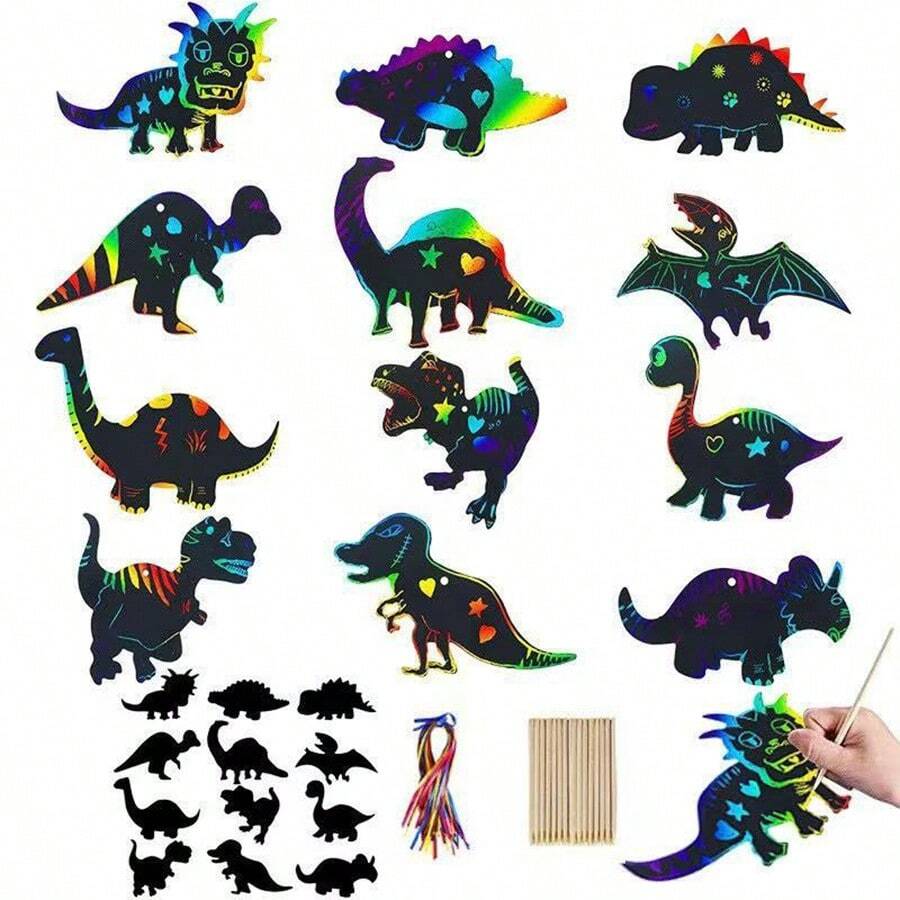 12pcs Creative Cartoon Dinosaur Scratch Art, DIY Colorful Dinosaurs, Unique Bookmark Shapes, Handmade DIY Decorations, Ideal Small Gifts, Create One-Of-A-Kind Dinosaurs (Random Styles, Random Accessories) - Multicolor - View 1