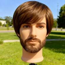 Brown Short Bob Wig With Bangs For Men | Brown Layered Straight Synthetic Hair, Dark Roots, Chin Length, Suitable For Daily Gatherings (8 Inches) - Multicolor - View 13