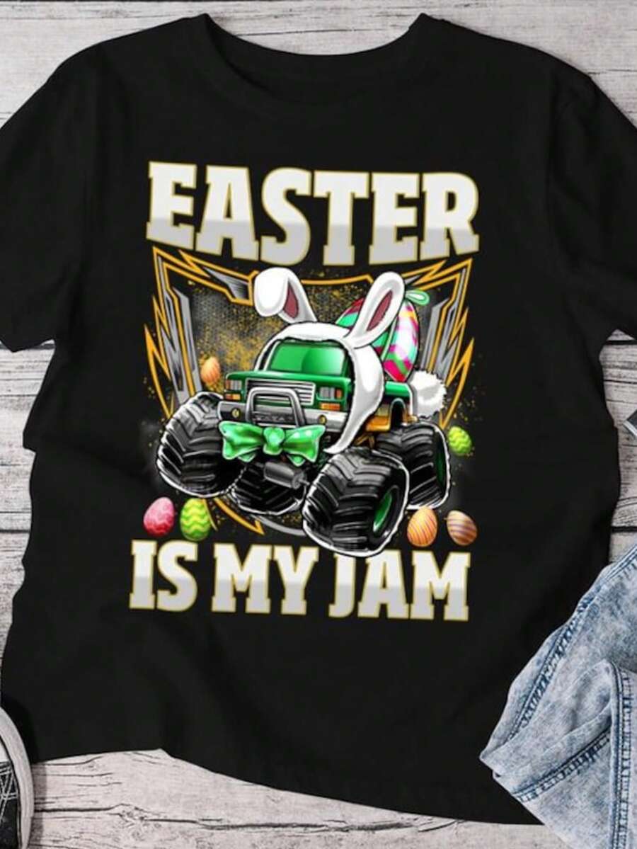 Bunny Monster Truck Easter Is My Jam Day Boys Toddlers Shirt, Vintage Easter Day Tee, Happy Easter D - màu đen - Xem 1