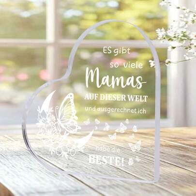 1 PC German Mother'S Day Gift, Heart-Shaped Acrylic Desktop Ornament, Floral Crescent Butterfly Pattern Design, Commemorative Gift For Mom, Thank You Gift Birthday Gift, Suitable For Home Room Office Bedroom Desktop Decoration