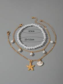 imoli Set de 3 piezas de tobillera con estilo bohemio de metal con forma de estrella de mar, concha marina y perla, regalo perfecto para usar en la playa para mujeres - 30838-ank-G-1-EP - Ver 3