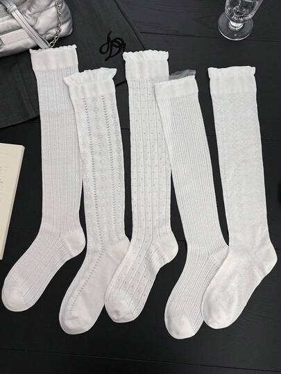 1双女士薄款纯色竖条纹蝴蝶结波点蕾丝薄纱时尚简约韩版过膝袜，白色，春夏款