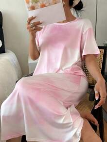Dreamivo Women's Short Sleeve Long Nightgown, Pink Tie Dye Sleepwear Dress, Loose Fit Long Dress, Soft Comfortable Sleepwear Dress, Gentle Girly Style, Spring/Summer - Pink - View 5